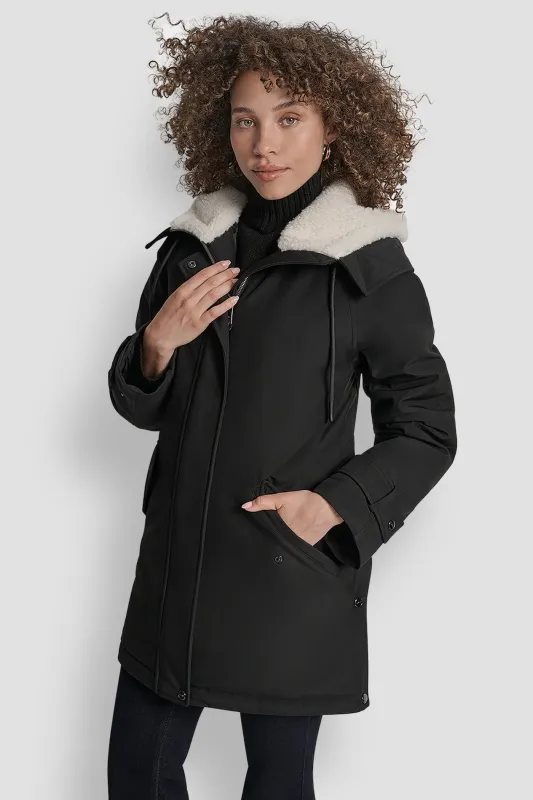 MID LENGTH FLEXTECH COAT WITH FUR HOOD made by DKNY