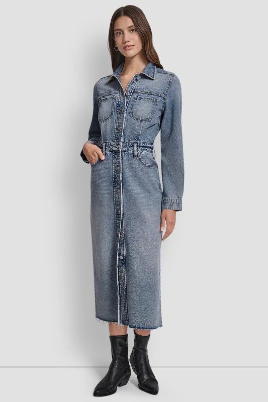 FRAYED DENIM MIDI SHIRT DRESS sold by DKNY