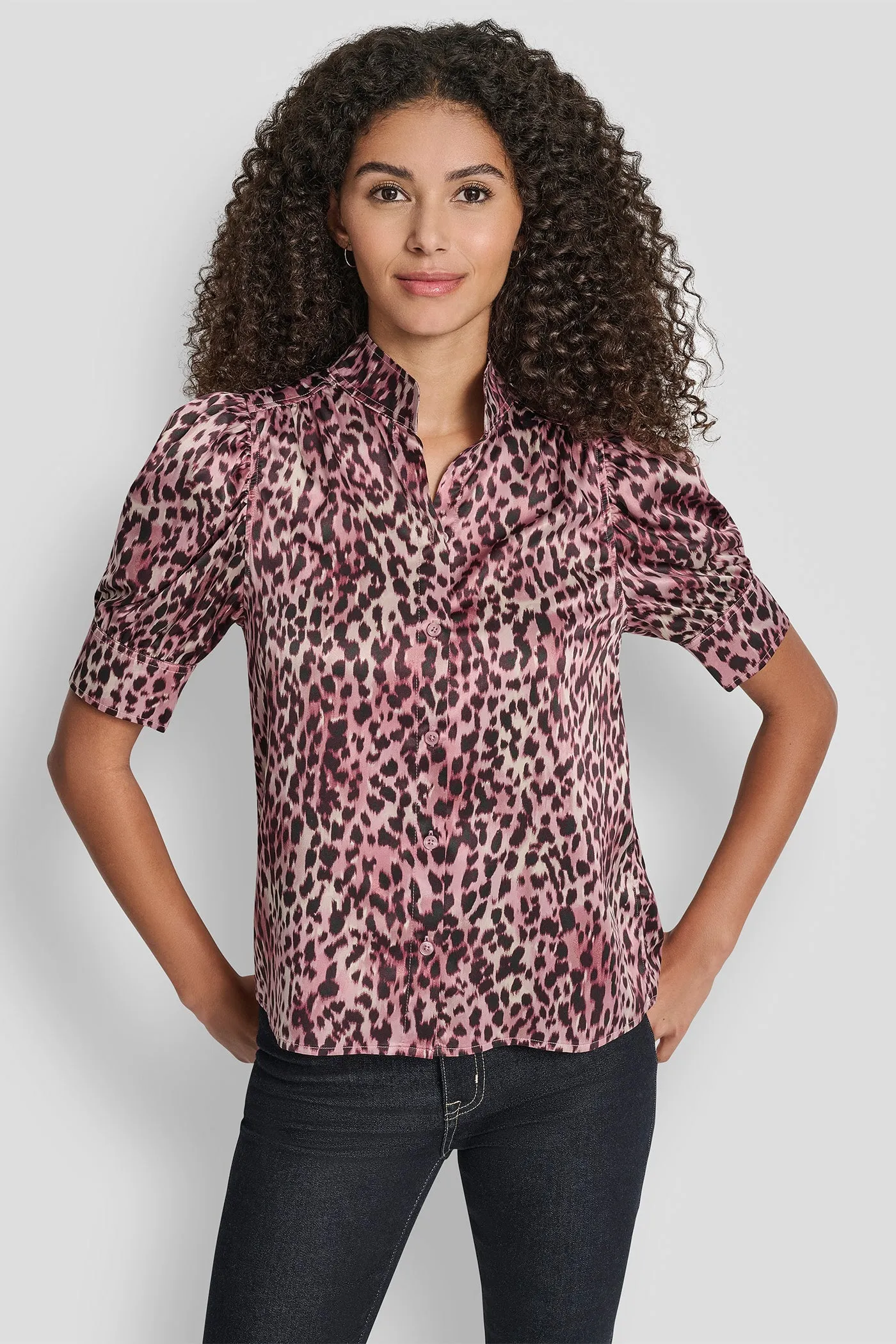 PUFF SLEEVE COLLARLESS SHIRT sold by DKNY