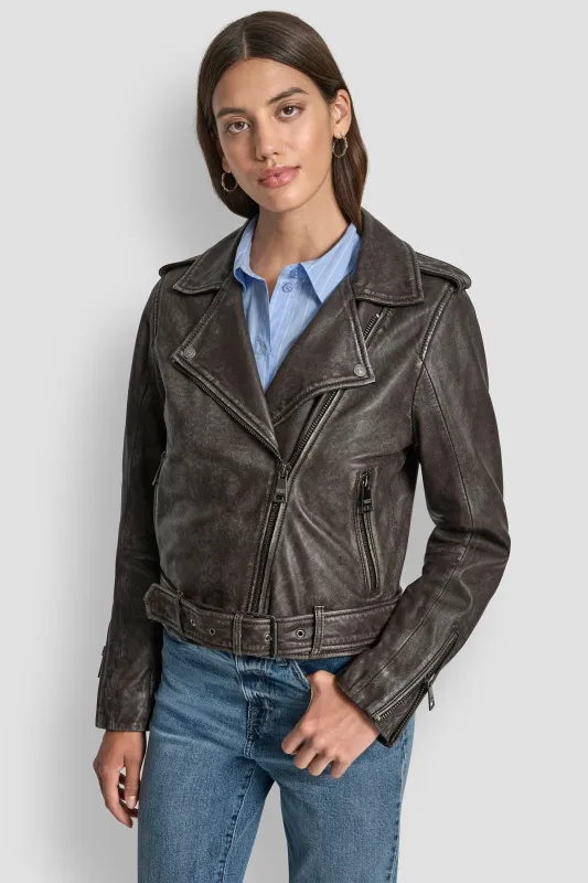 DISTRESSED LEATHER MOTO JACKET sold by DKNY