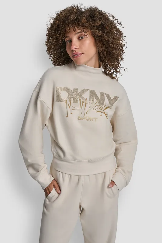 GRAFFITI RHINESTONE LOGO MOCK NECK PULLOVER sold by DKNY