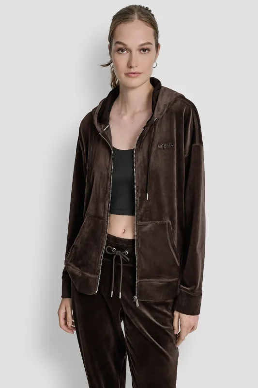 VELOUR HD EMBROIDERY LOGO FULL ZIP HOODIE sold by DKNY