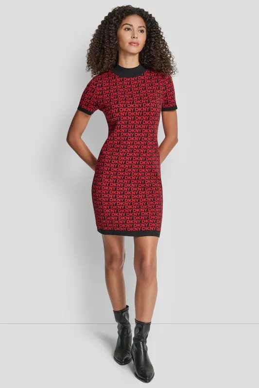 LOGO JACQUARD BALLET SLEEVE MOCK NECK SHORT DRESS made by DKNY