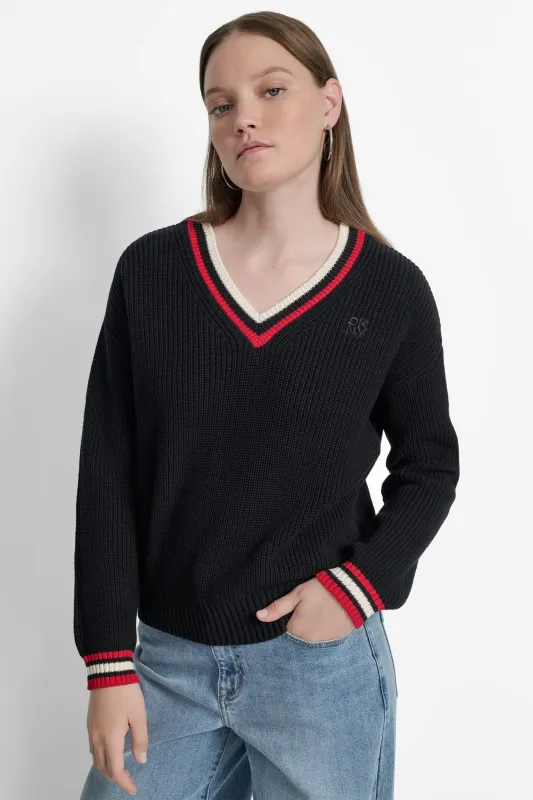 STRIPED LOGO-EMBELLISHED SWEATER made by DKNY