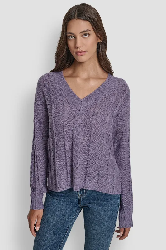 MOHAIR LIKE CABLE V-NECK SWEATER made by DKNY