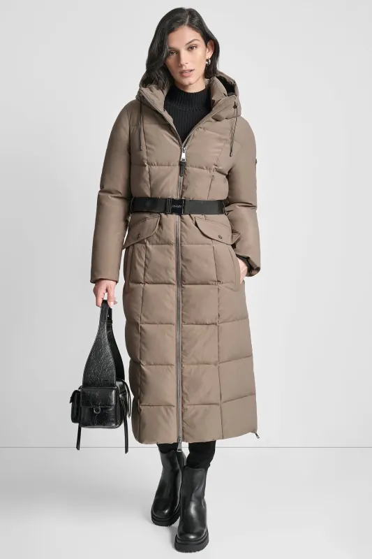 BOX QUILT LONG PUFFER WITH BELT sold by DKNY