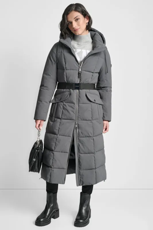 BOX QUILT LONG PUFFER WITH BELT sold by DKNY