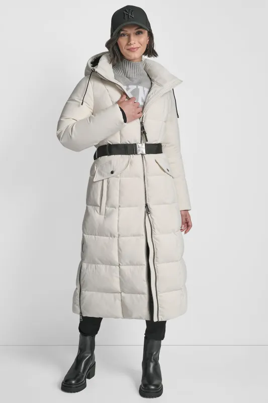 BOX QUILT LONG PUFFER WITH BELT sold by DKNY