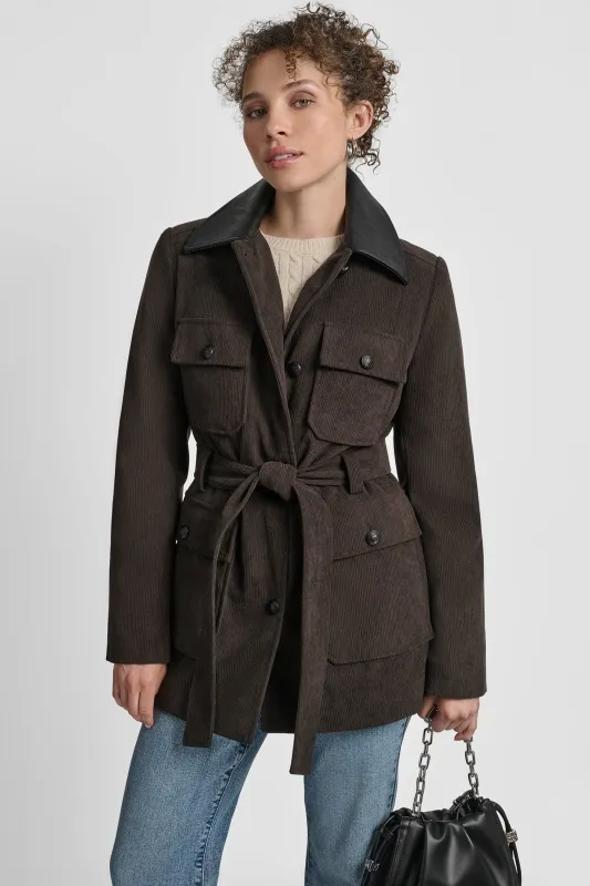 TIE WAIST CORDUROY JACKET WITH FAUX COLLAR sold by DKNY