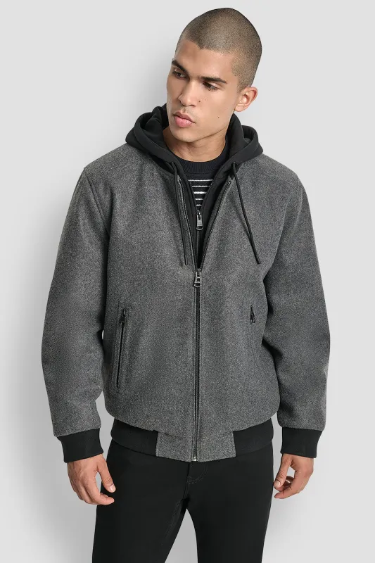 FAUX WOOL BOMBER WITH HOODED BIB sold by DKNY