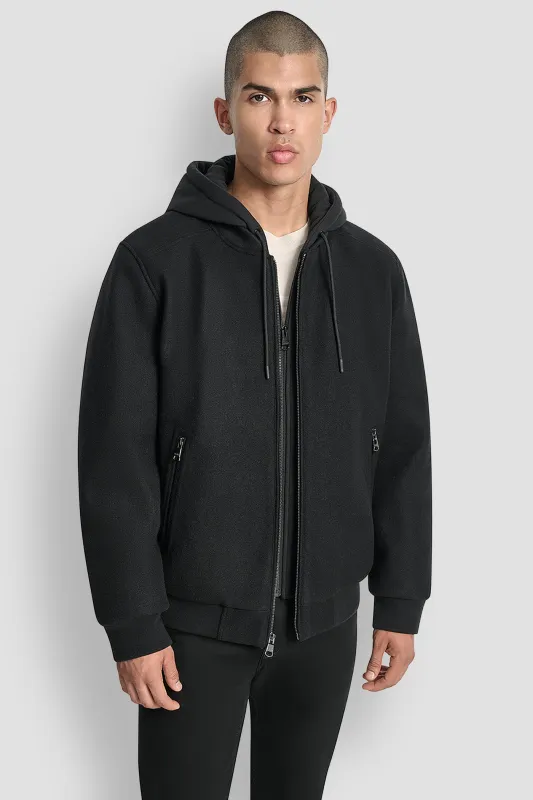 FAUX WOOL BOMBER WITH HOODED BIB sold by DKNY