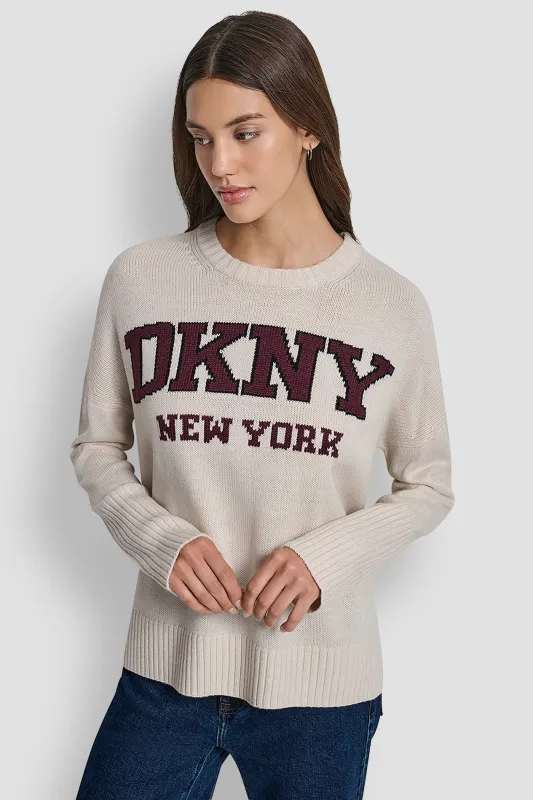 VARSITY LOGO INTARSIA CREW NECK RELAXED SWEATER sold by DKNY