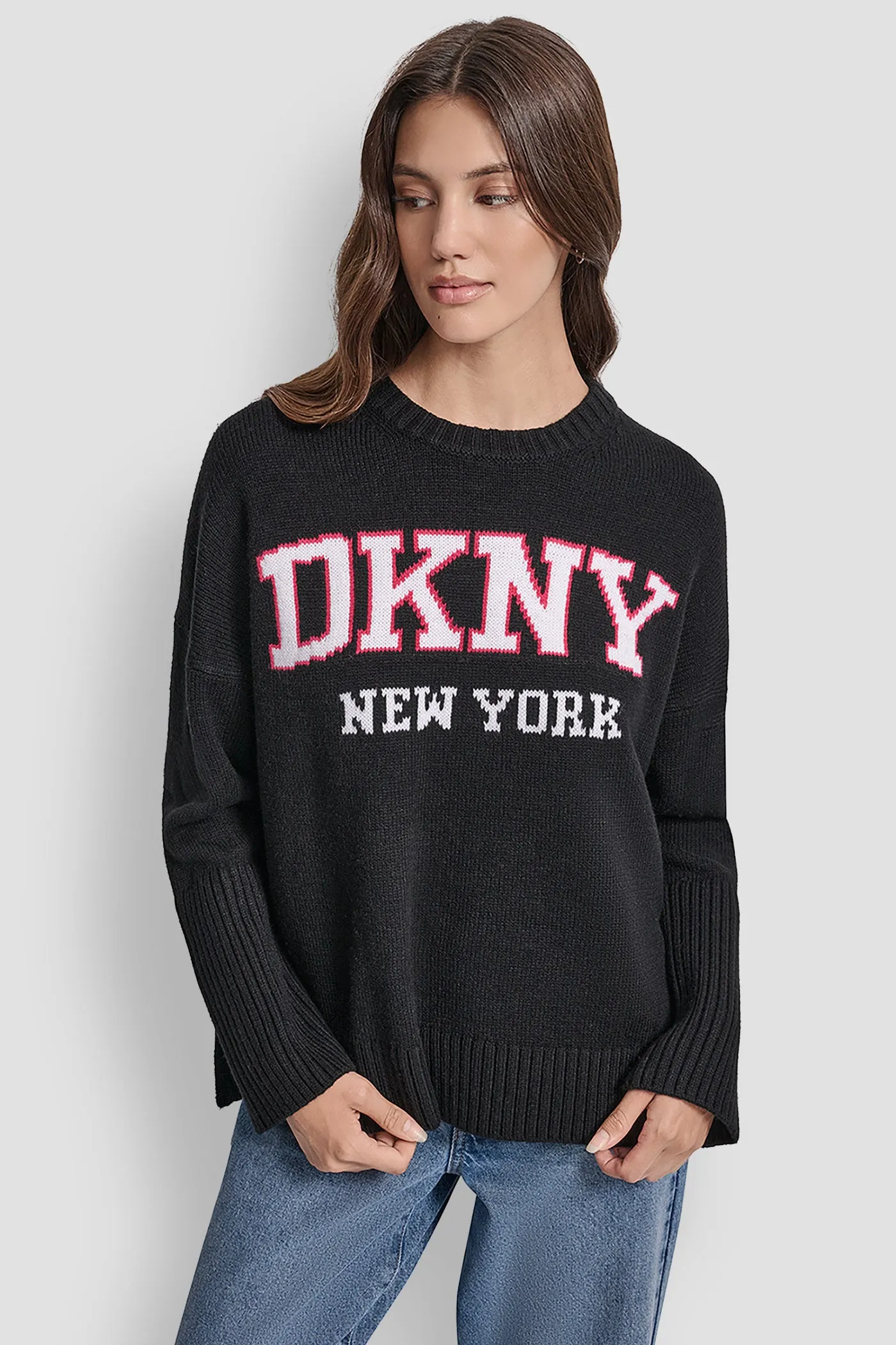 VARSITY LOGO INTARSIA CREW NECK RELAXED SWEATER sold by DKNY