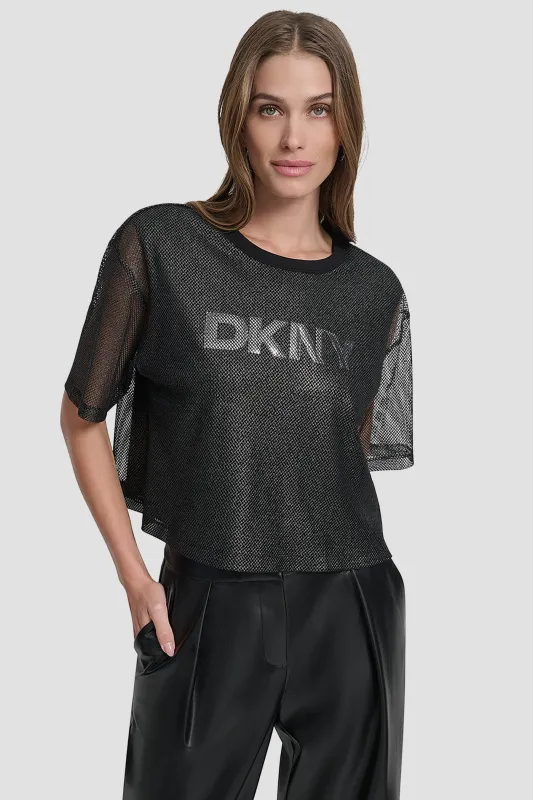 SHORT SLEEVE MESH OVERLAY LOGO KNIT TOP sold by DKNY
