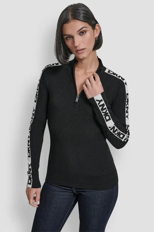 LONG SLEEVE 1/4 ZIP LOGO TAPE SWEATER sold by DKNY