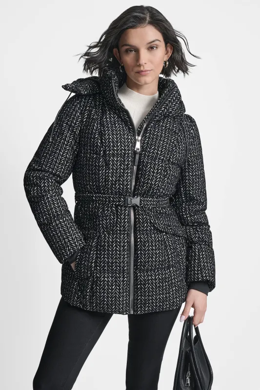 COTTON TOUCH PUFFER WITH HOOD AND BELT sold by DKNY