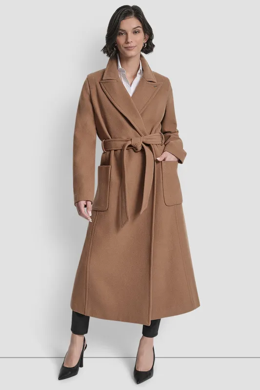 LONG WOOL TAILORED TIE WAIST COAT sold by DKNY