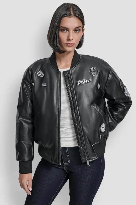 LONG SLEEVE PINS AND PATCHES BOMBER JACKET sold by DKNY