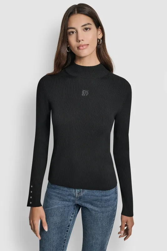RIB LONG SLEEVE MOCK NECK WITH RHINESTONES AT CUFF made by DKNY