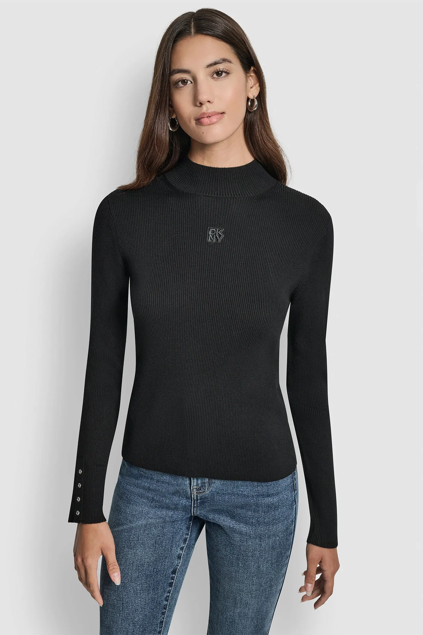 RIB LONG SLEEVE MOCK NECK WITH RHINESTONES AT CUFF sold by DKNY