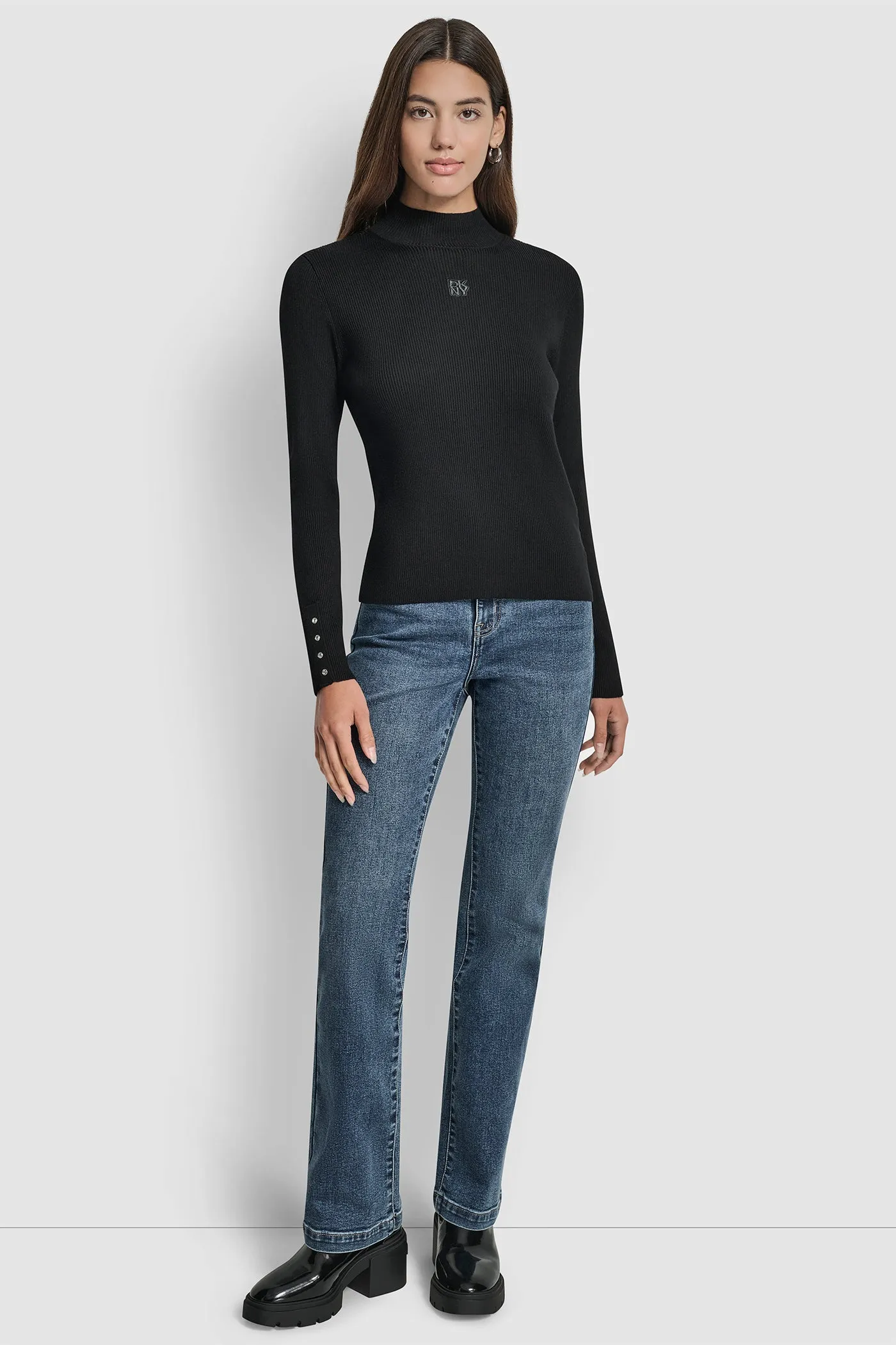 RIB LONG SLEEVE MOCK NECK WITH RHINESTONES AT CUFF sold by DKNY product image thumbnail 5