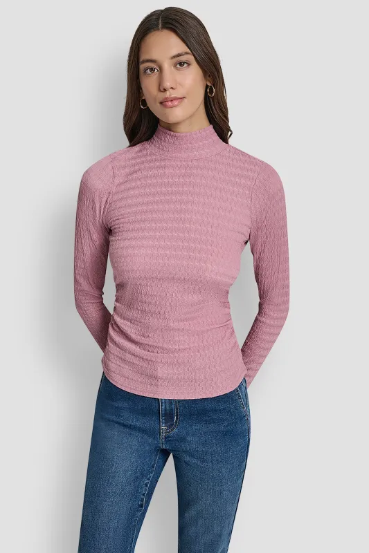 RIPPLE LACE MOCK NECK RUCHED SIDE LONG SLEEVE TEE made by DKNY
