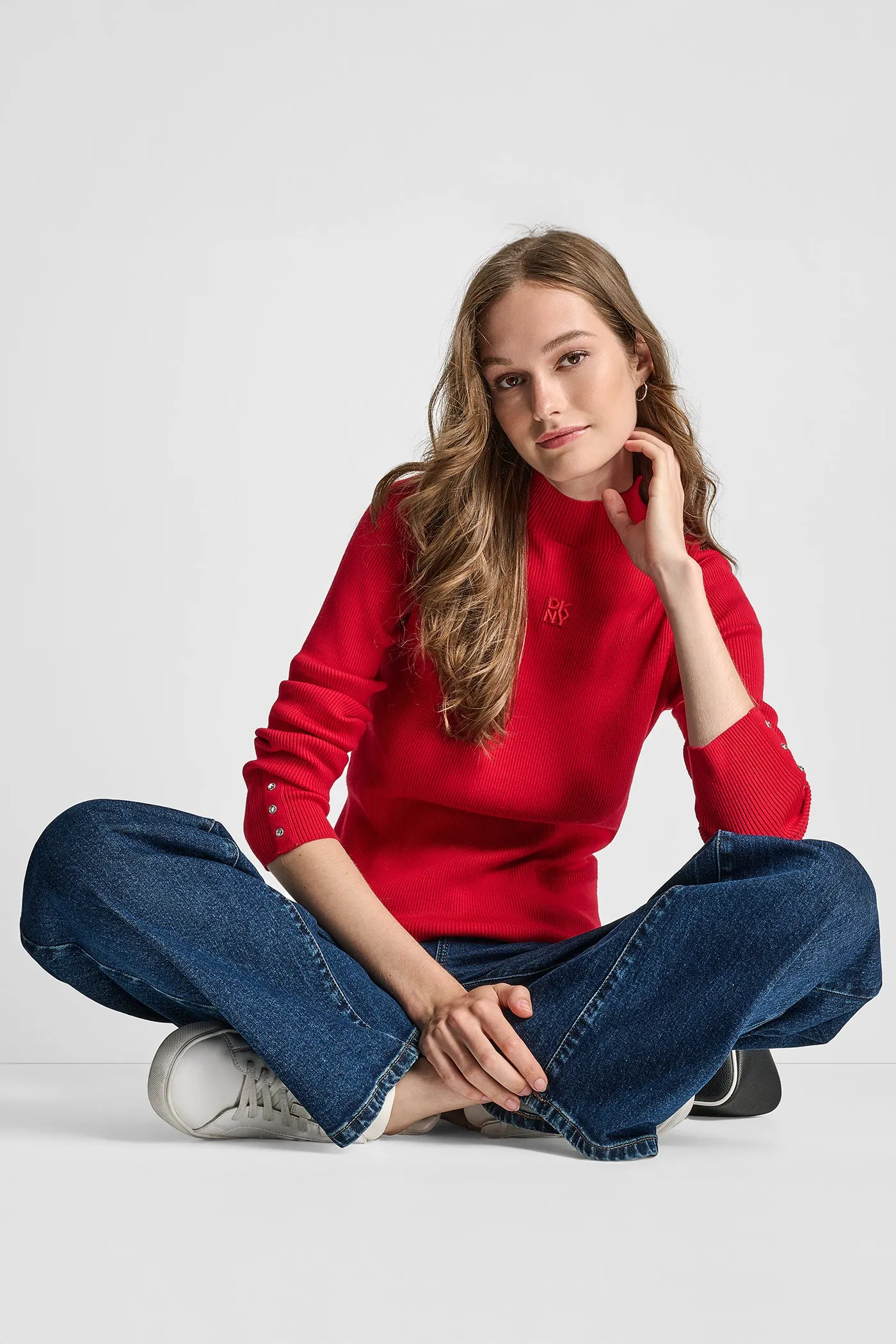 RIB LONG SLEEVE MOCK NECK WITH RHINESTONES AT CUFF sold by DKNY product image thumbnail 4