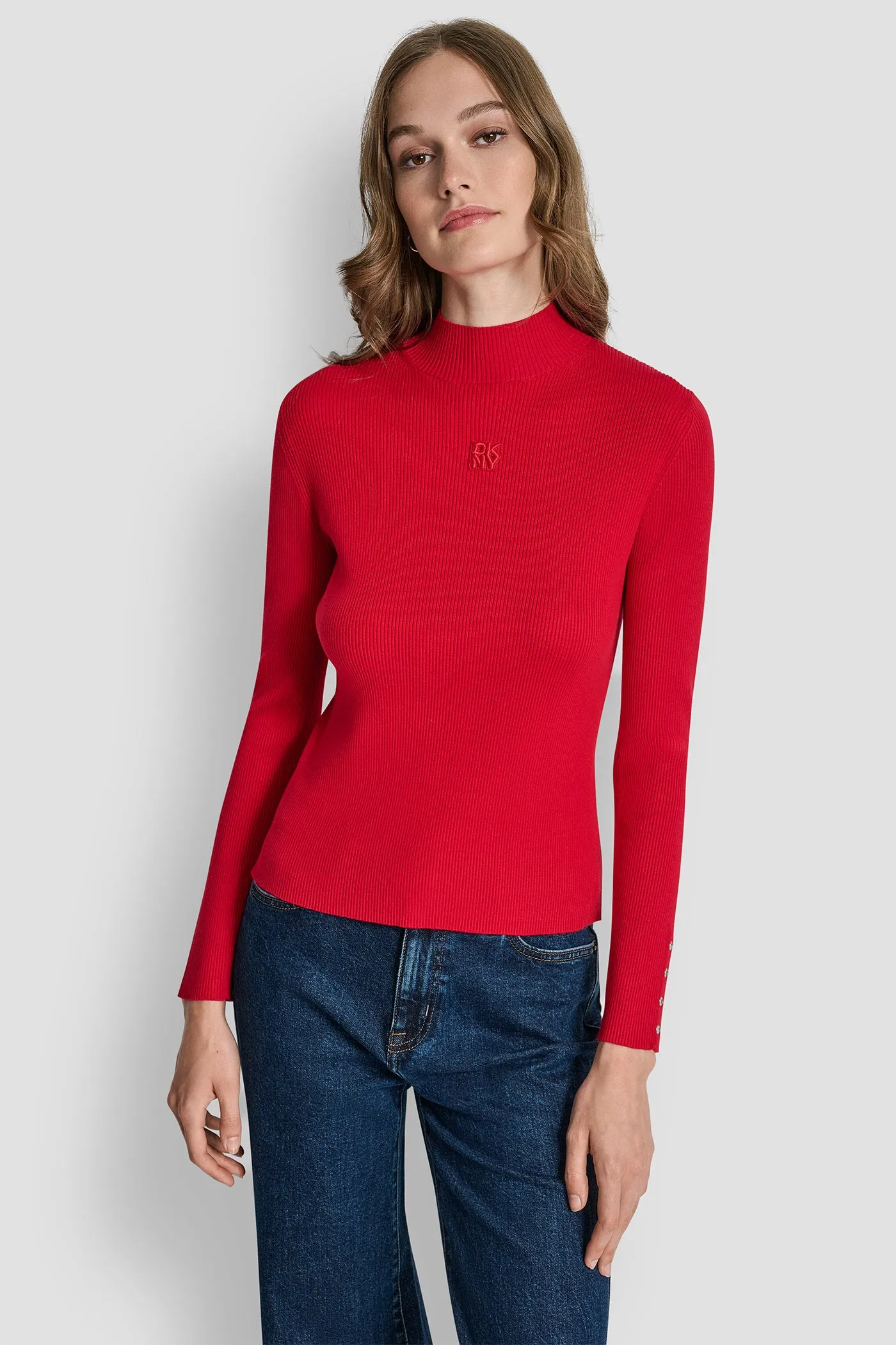 RIB LONG SLEEVE MOCK NECK WITH RHINESTONES AT CUFF sold by DKNY