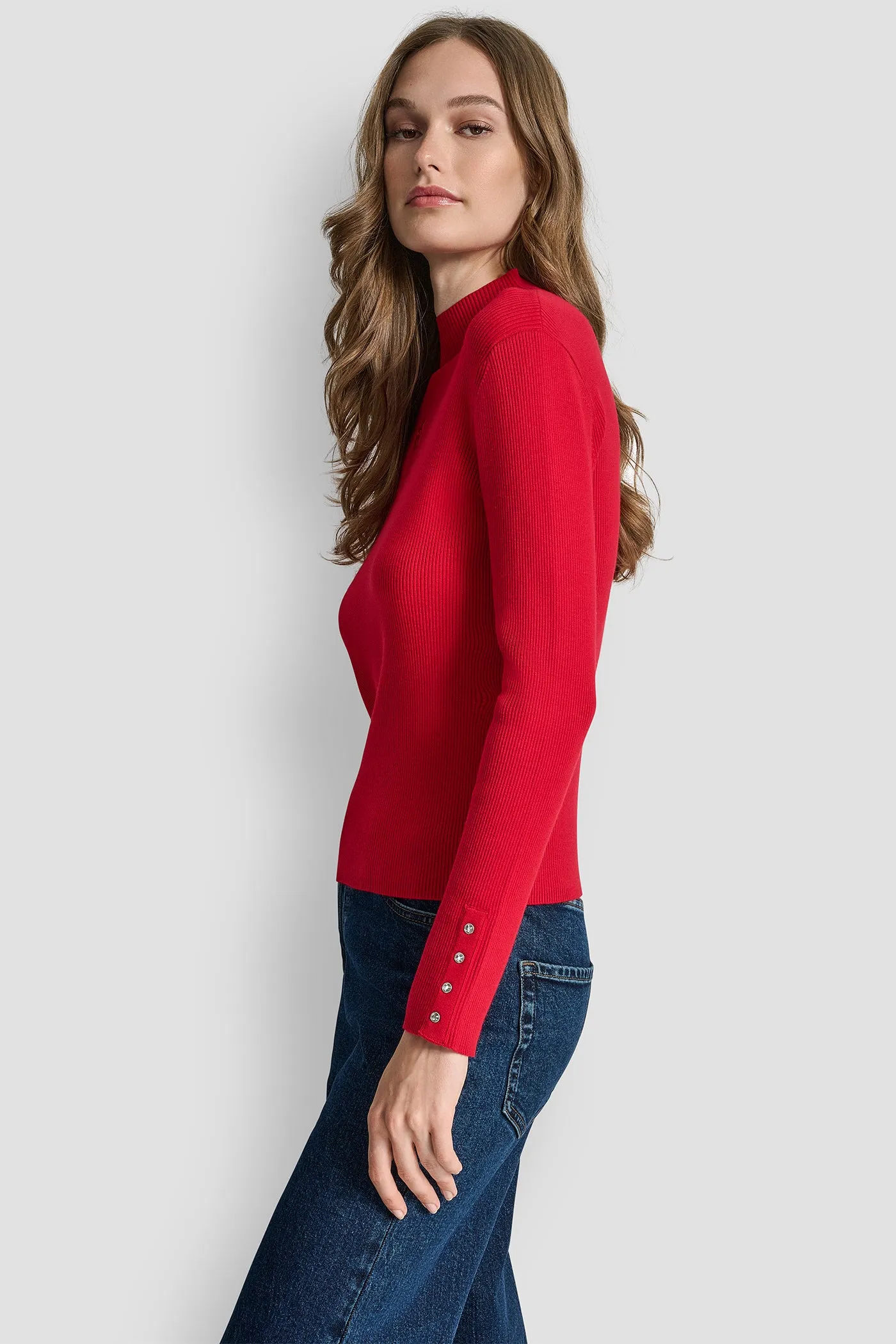 RIB LONG SLEEVE MOCK NECK WITH RHINESTONES AT CUFF sold by DKNY product image thumbnail 2