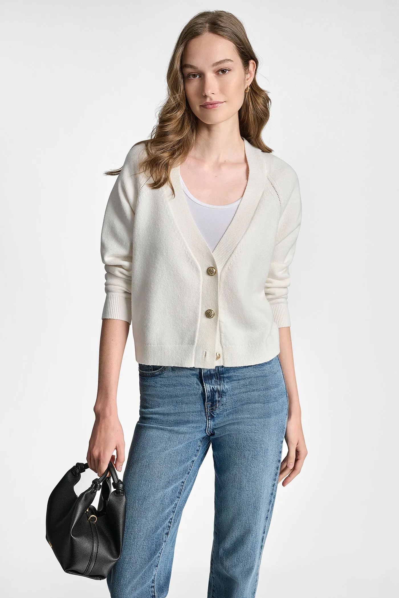 V-NECK RAGLAN CARDIGAN WITH REGAL BUTTONS sold by DKNY