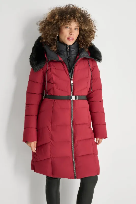 BIBBED FAUX-FUR HOODED PUFFER sold by DKNY