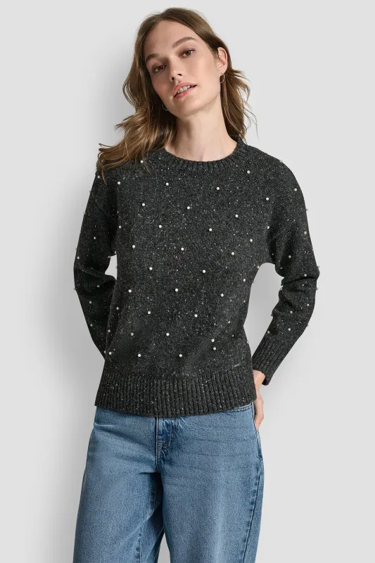 LONG SLEEVE RELAXED CREWNECK ALLOVER PEARL SWEATER sold by DKNY