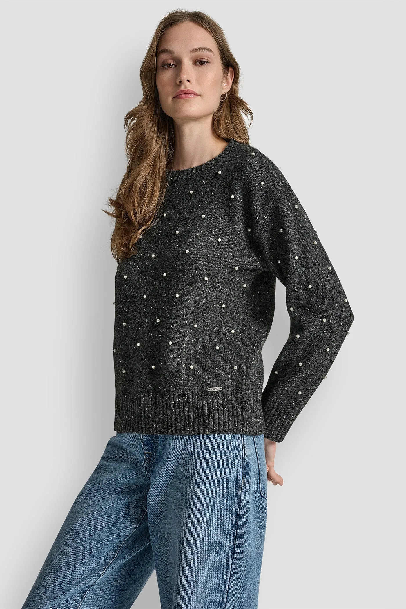 LONG SLEEVE RELAXED CREWNECK ALLOVER PEARL SWEATER sold by DKNY product image thumbnail 3