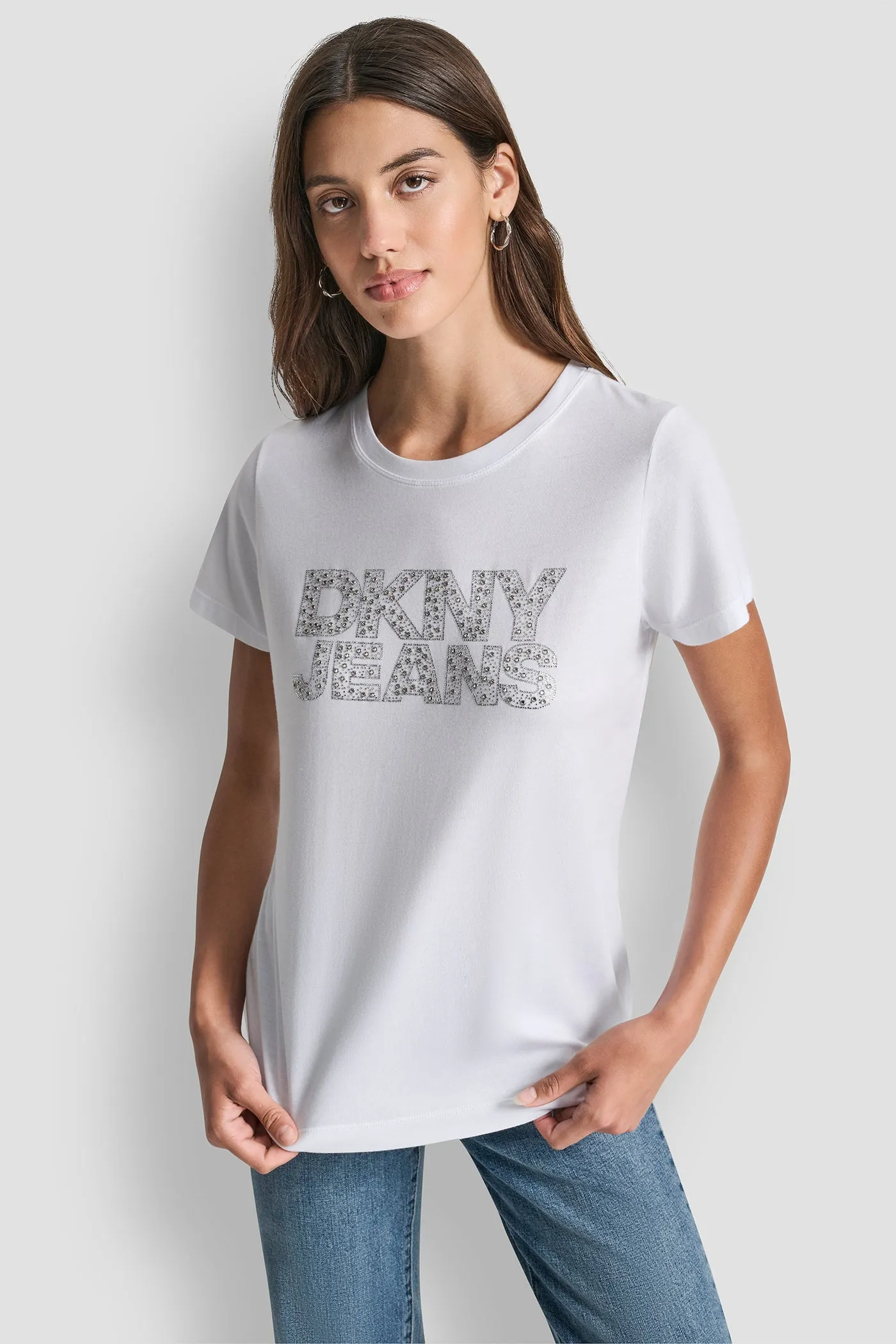 DKNY JEANS STACKED MINI RHINESTONE LOGO CREW NECK sold by DKNY