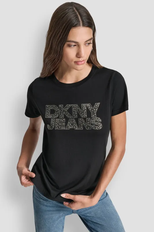 DKNY JEANS STACKED MINI RHINESTONE LOGO CREW NECK sold by DKNY