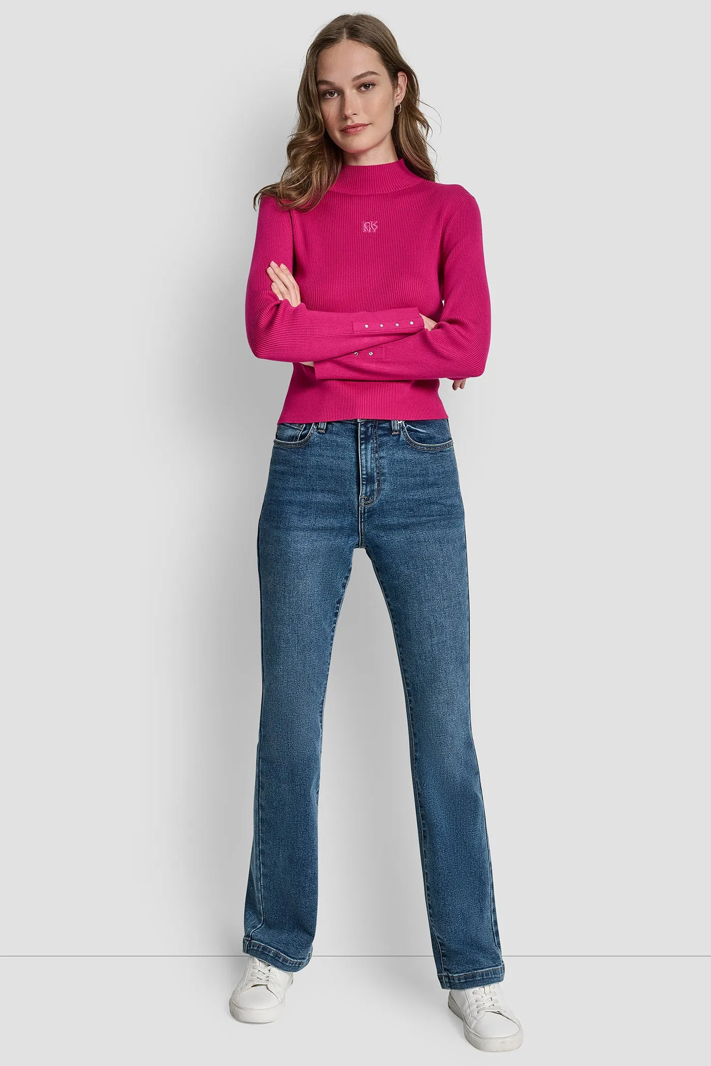 RIB LONG SLEEVE MOCK NECK WITH RHINESTONES AT CUFF sold by DKNY product image thumbnail 3