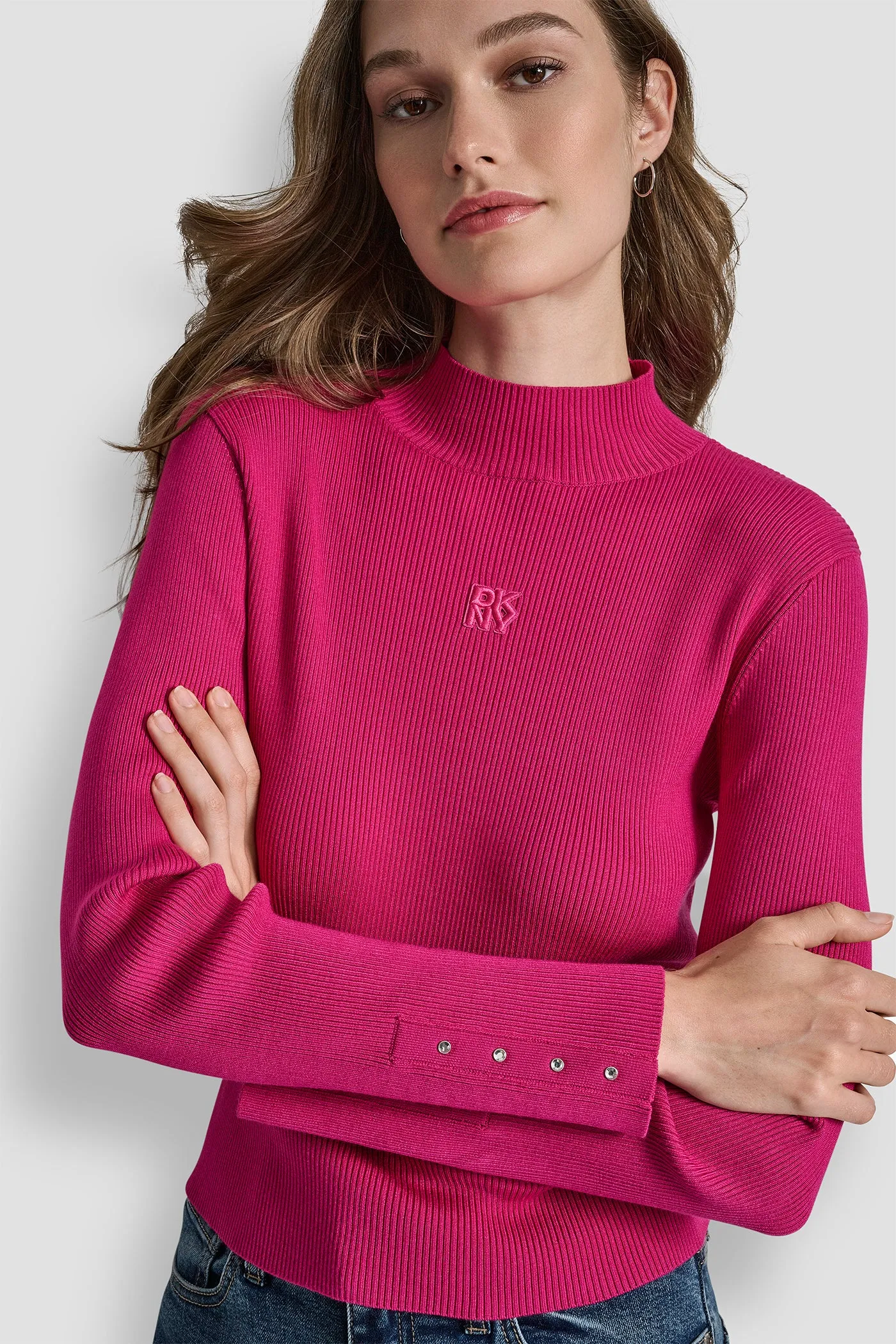 RIB LONG SLEEVE MOCK NECK WITH RHINESTONES AT CUFF sold by DKNY product image thumbnail 4