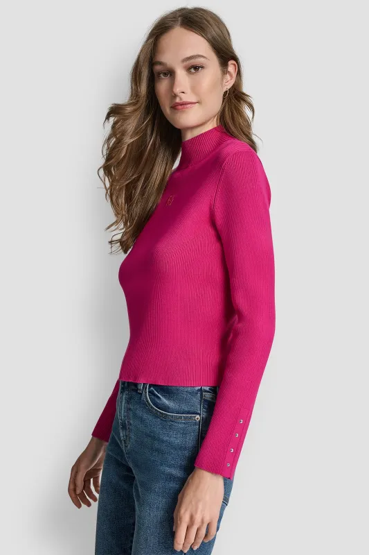 RIB LONG SLEEVE MOCK NECK WITH RHINESTONES AT CUFF made by DKNY