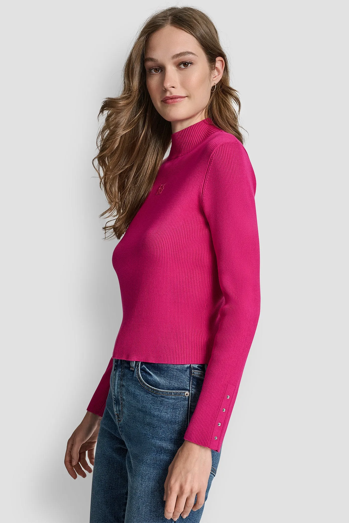 RIB LONG SLEEVE MOCK NECK WITH RHINESTONES AT CUFF sold by DKNY