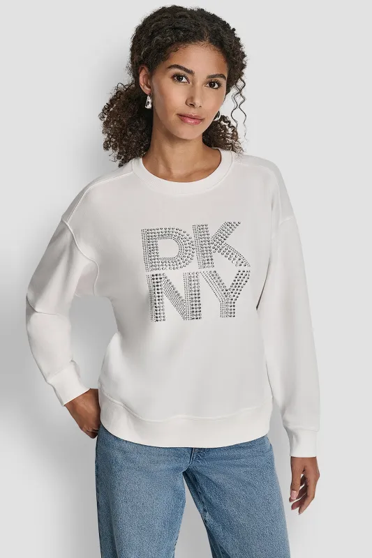 DKNY NEW YORK STACKED MIXED RHINESTONE LOGO SWEATSHIRT sold by DKNY