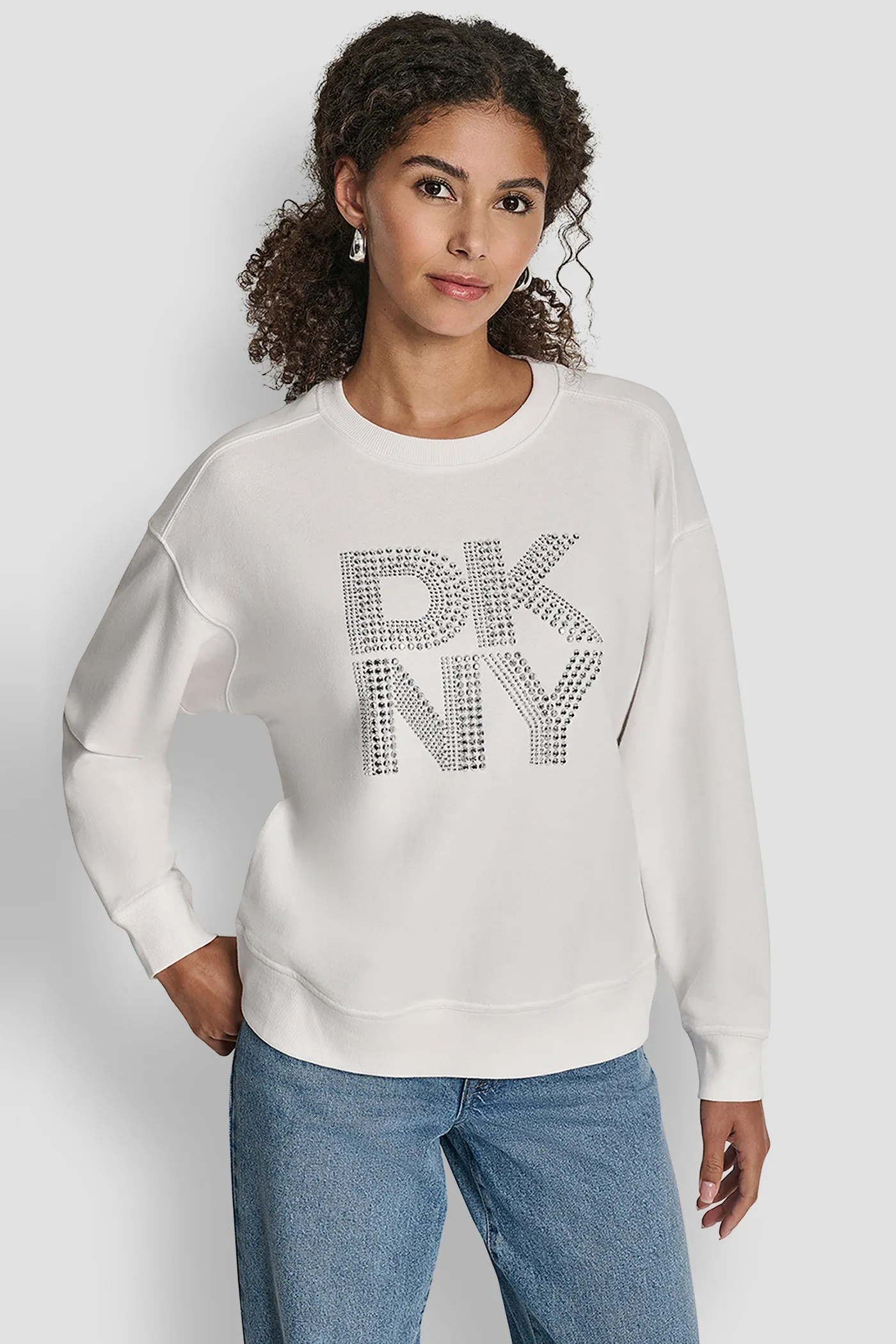 DKNY NEW YORK STACKED MIXED RHINESTONE LOGO SWEATSHIRT sold by DKNY