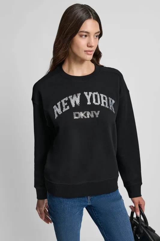 RHINESTONE STUD LOGO CREW NECK SWEATSHIRT sold by DKNY