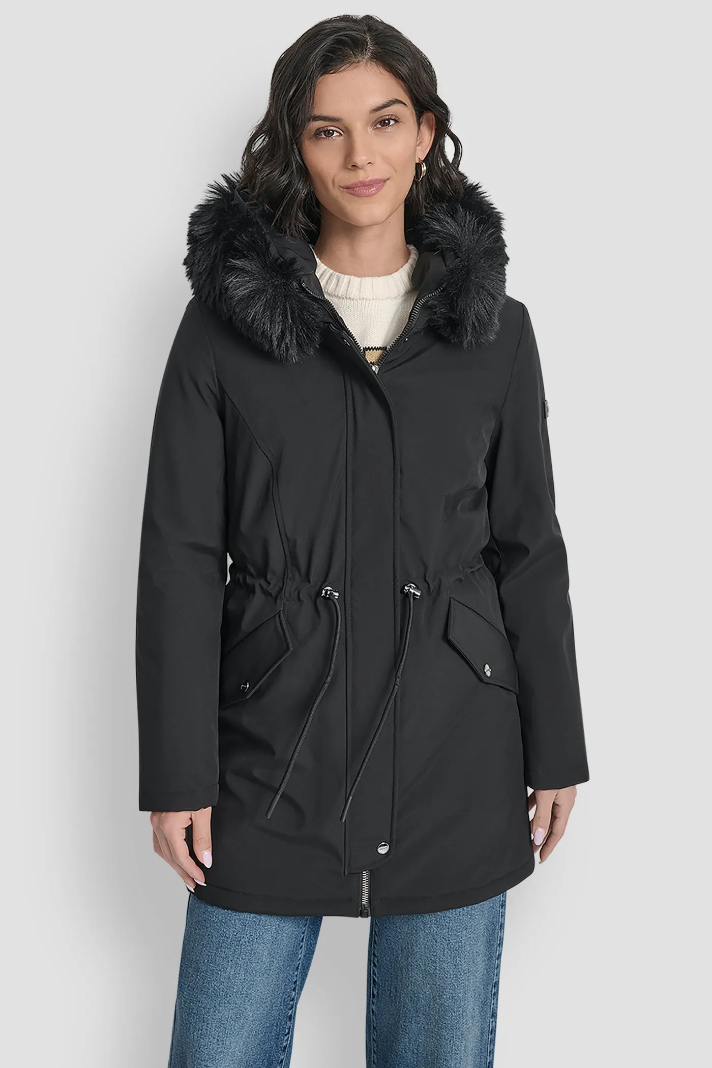 FAUX FUR TRIM HOODED ANONRAK WAIST COAT sold by DKNY