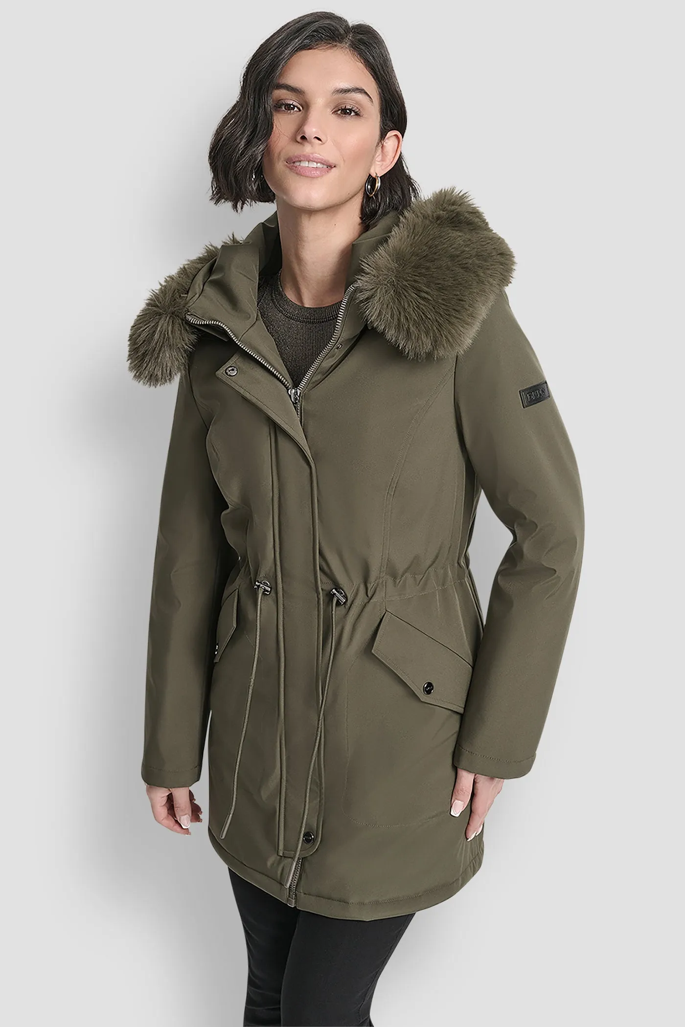 FAUX FUR TRIM HOODED ANONRAK WAIST COAT sold by DKNY