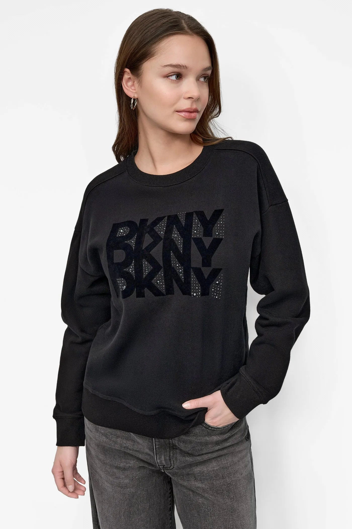 DKNY FLOCKING RHINESTONE LOGO CREW NECK SWEATSHIRT sold by DKNY