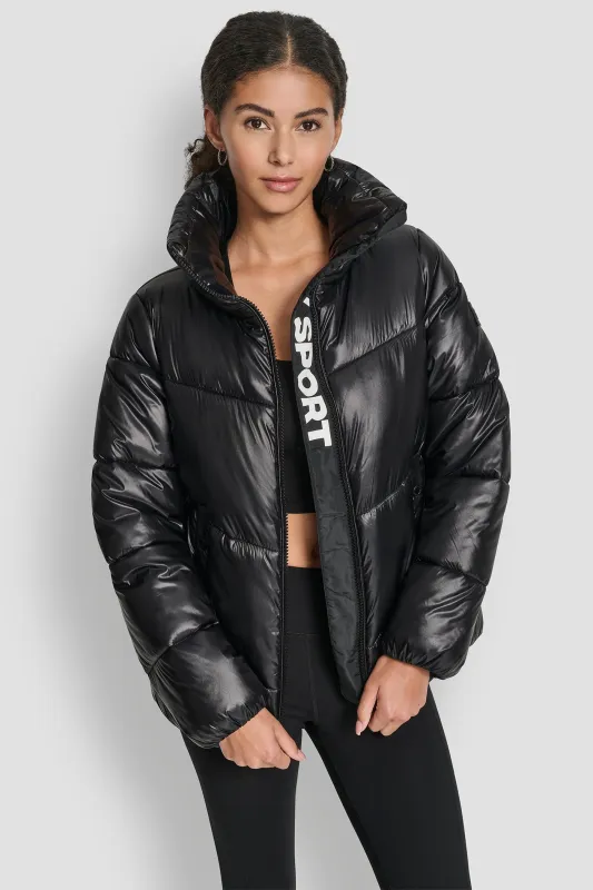 QUILTED PUFFER WITH OVERSIZED COLLAR AND INTERIOR PLACKET LOGO sold by DKNY