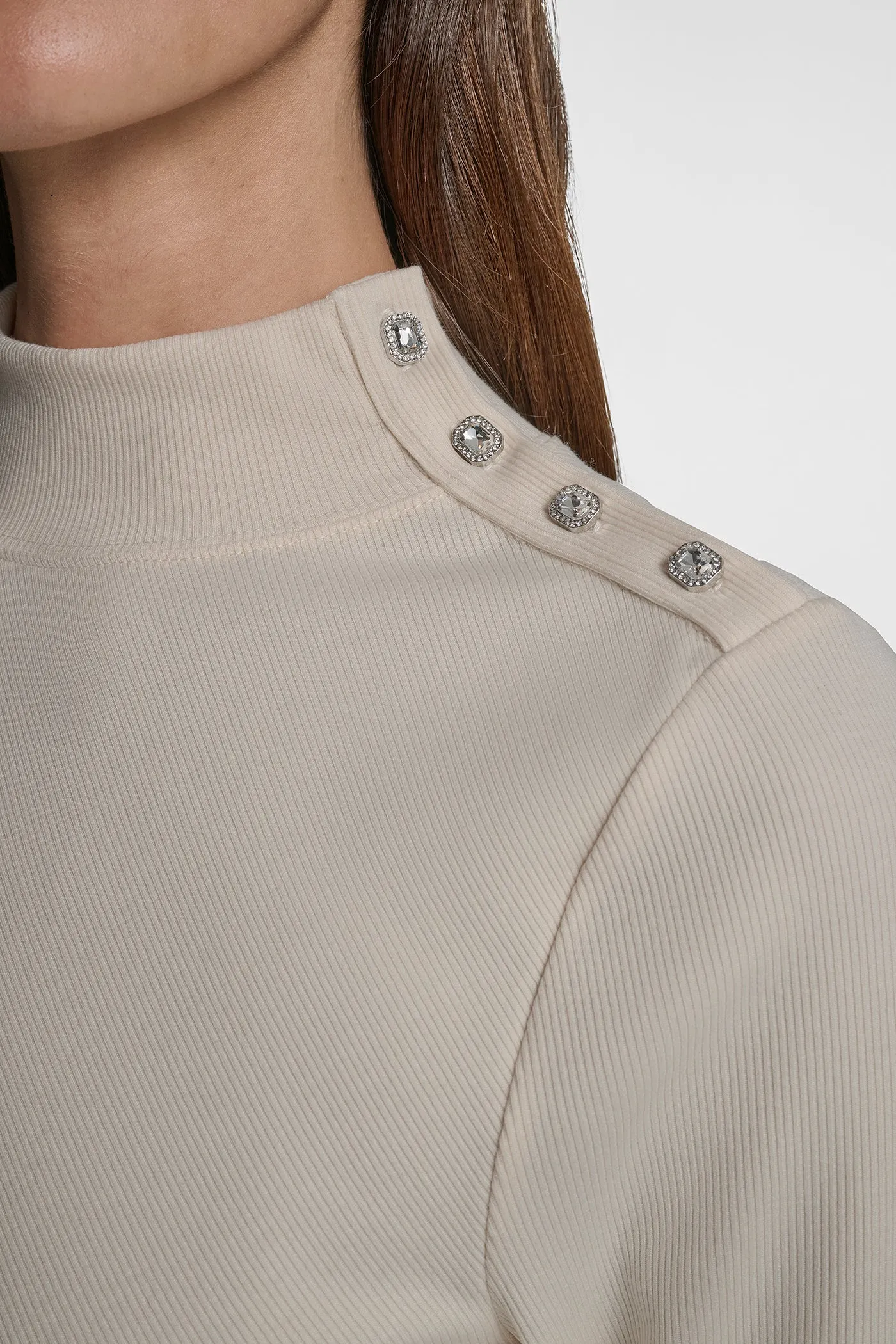 JEWEL BUTTON SHOULDER MOCK NECK LONG SLEEVE TEE sold by DKNY product image thumbnail 4