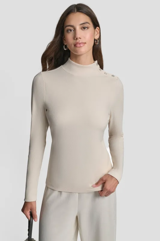 JEWEL BUTTON SHOULDER MOCK NECK LONG SLEEVE TEE sold by DKNY