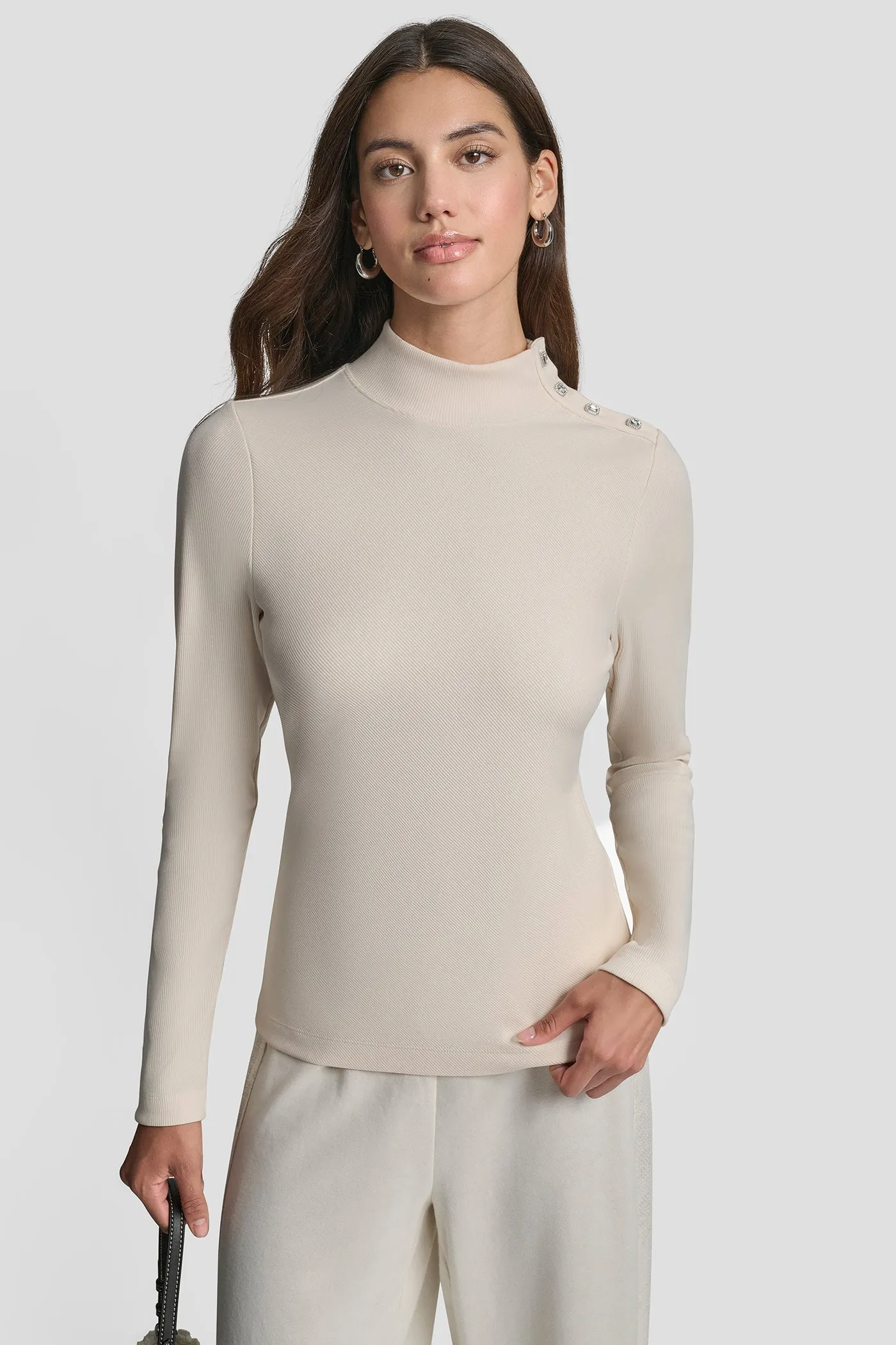 JEWEL BUTTON SHOULDER MOCK NECK LONG SLEEVE TEE sold by DKNY