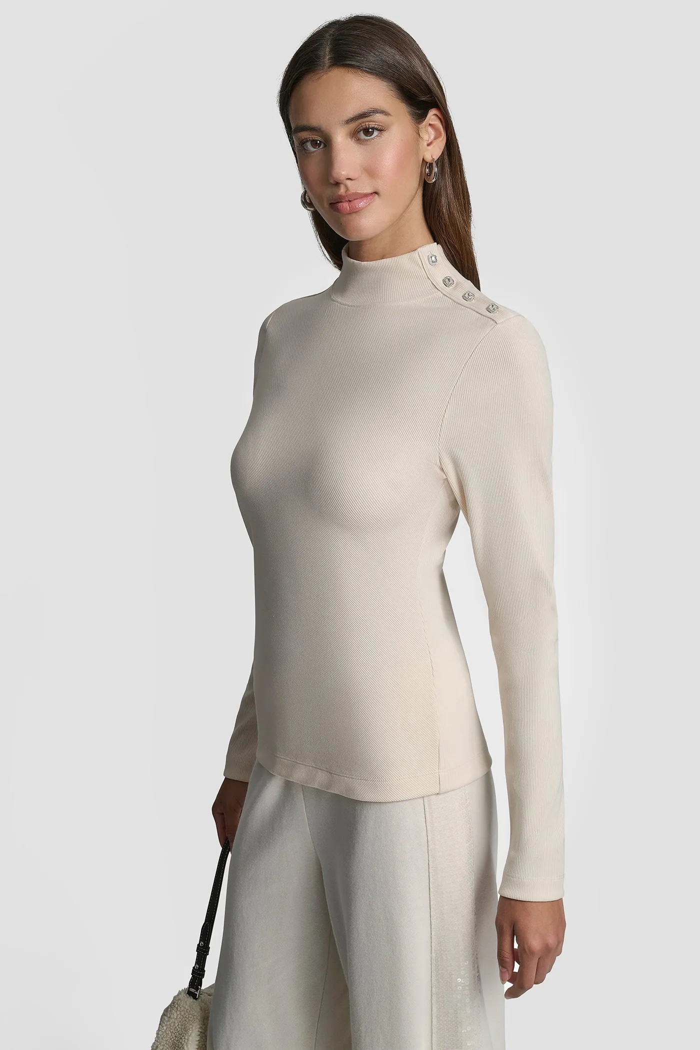 JEWEL BUTTON SHOULDER MOCK NECK LONG SLEEVE TEE sold by DKNY product image thumbnail 3